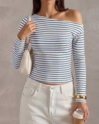 PRETTYGARDEN Womens Tops 2026 Fall Off The Shoulder Long Sleeve Shirts Striped Fitted Y2K T-Shirt Going Out Crop Top