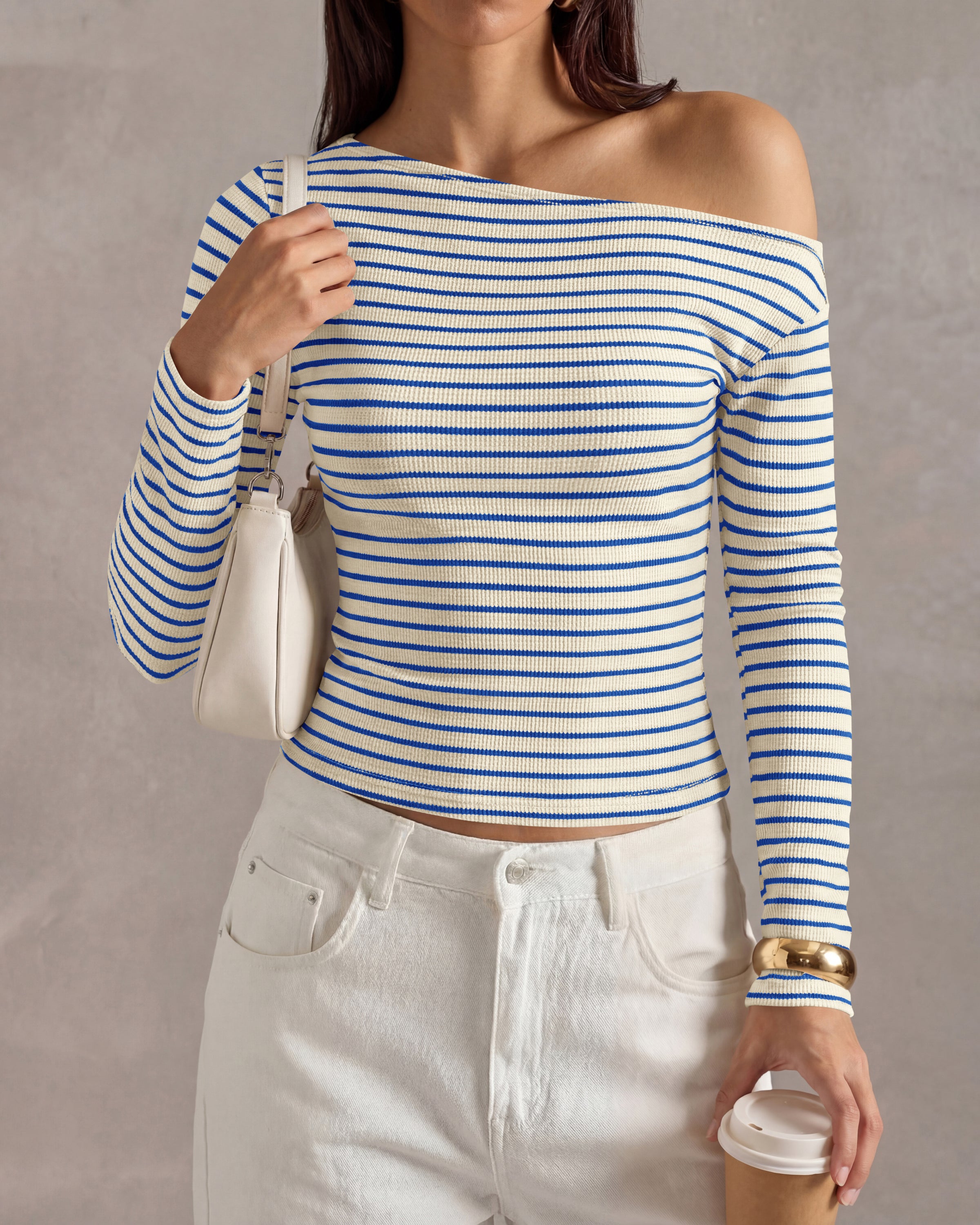 PRETTYGARDEN Womens Tops 2026 Fall Off The Shoulder Long Sleeve Shirts Striped Fitted Y2K T-Shirt Going Out Crop Top