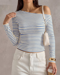 PRETTYGARDEN Womens Tops 2026 Fall Off The Shoulder Long Sleeve Shirts Striped Fitted Y2K T-Shirt Going Out Crop Top