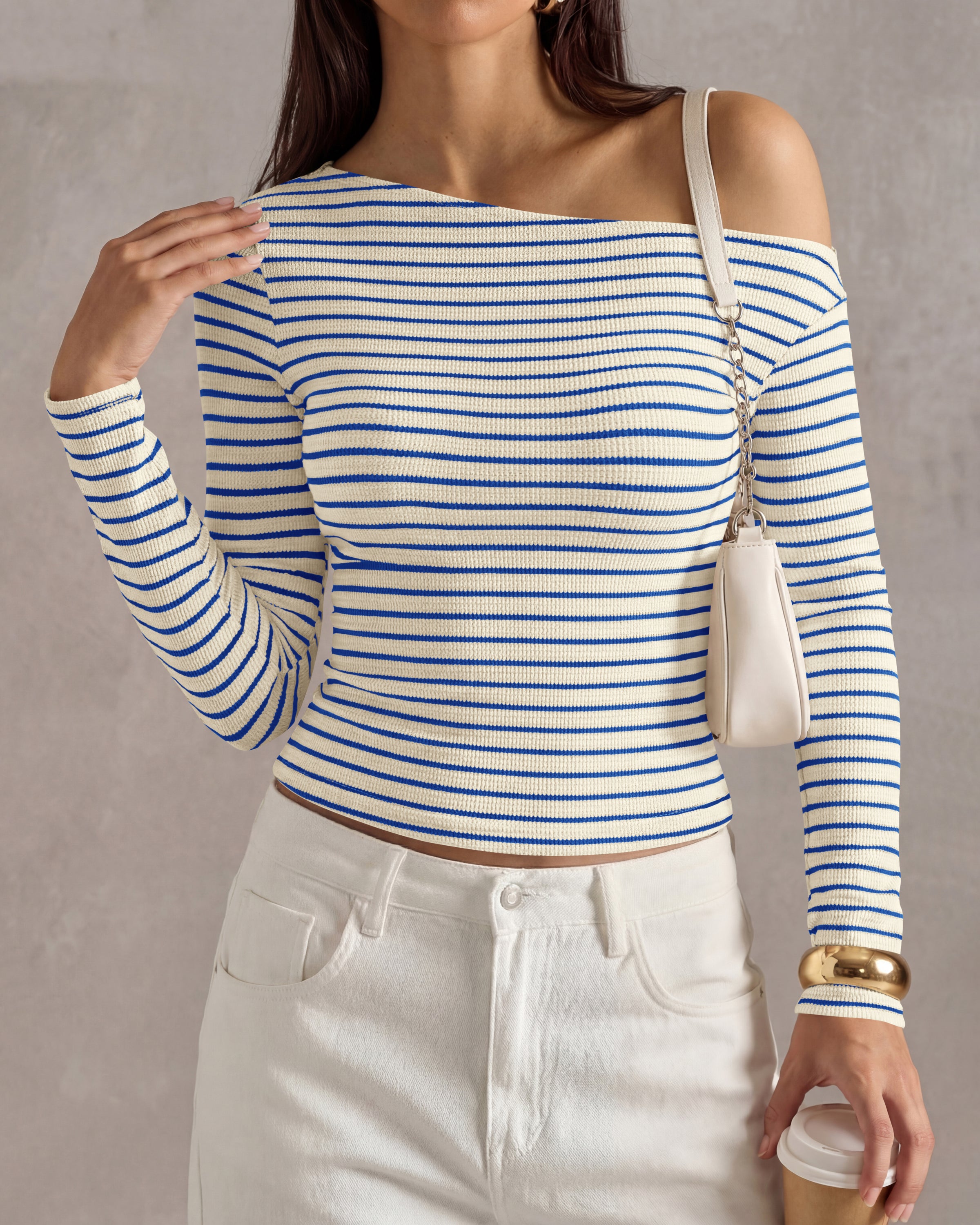 PRETTYGARDEN Womens Tops 2026 Fall Off The Shoulder Long Sleeve Shirts Striped Fitted Y2K T-Shirt Going Out Crop Top
