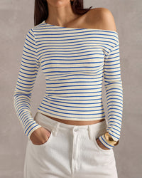 PRETTYGARDEN Womens Tops 2026 Fall Off The Shoulder Long Sleeve Shirts Striped Fitted Y2K T-Shirt Going Out Crop Top
