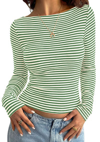 PRETTYGARDEN Long Sleeve Striped Shirts for Women				  Soft Ribbed Knit ,Y2k Tshirt,Slim Fit Layering,Cute Tops,Basic Tee,Business Casual Outfits,2026 Spring Fall Trendy Clothes
