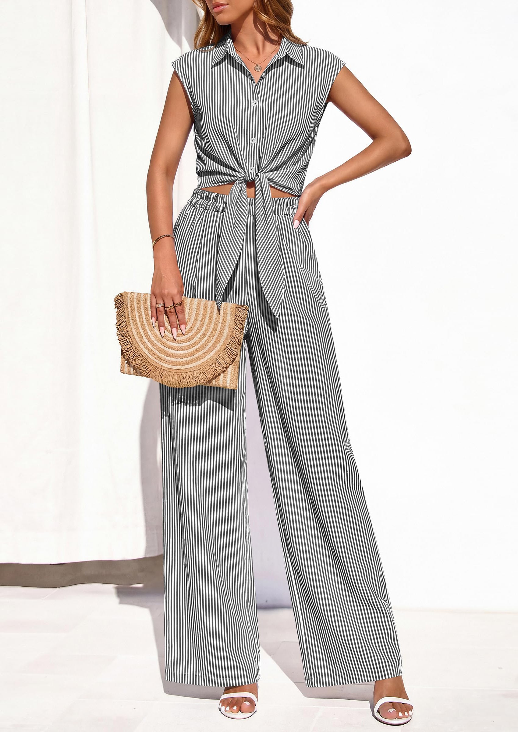 PRETTYGARDEN 2 Piece Sets For Women Summer Striped Button Down Tie Front Crop Tops Wide Leg Pants Floral Lounge Set 2026 PRETTYGARDEN