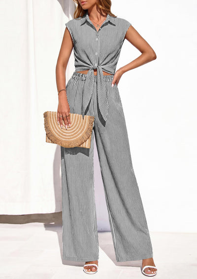 PRETTYGARDEN 2 Piece Sets For Women Summer Striped Button Down Tie Front Crop Tops Wide Leg Pants Floral Lounge Set 2026 PRETTYGARDEN