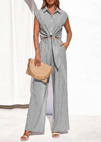 PRETTYGARDEN 2 Piece Sets For Women Summer Striped Button Down Tie Front Crop Tops Wide Leg Pants Floral Lounge Set 2026 PRETTYGARDEN