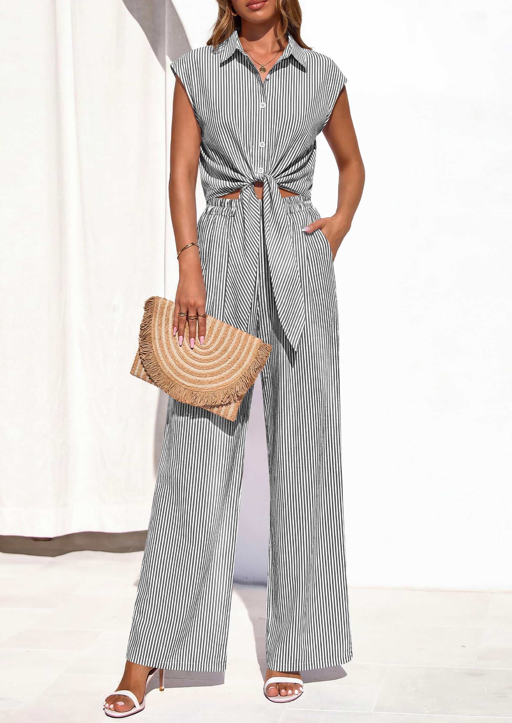 PRETTYGARDEN 2 Piece Sets For Women Summer Striped Button Down Tie Front Crop Tops Wide Leg Pants Floral Lounge Set 2026 PRETTYGARDEN