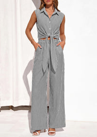 PRETTYGARDEN 2 Piece Sets For Women Summer Striped Button Down Tie Front Crop Tops Wide Leg Pants Floral Lounge Set 2026 PRETTYGARDEN