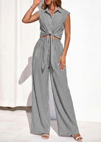 PRETTYGARDEN 2 Piece Sets For Women Summer Striped Button Down Tie Front Crop Tops Wide Leg Pants Floral Lounge Set 2026 PRETTYGARDEN