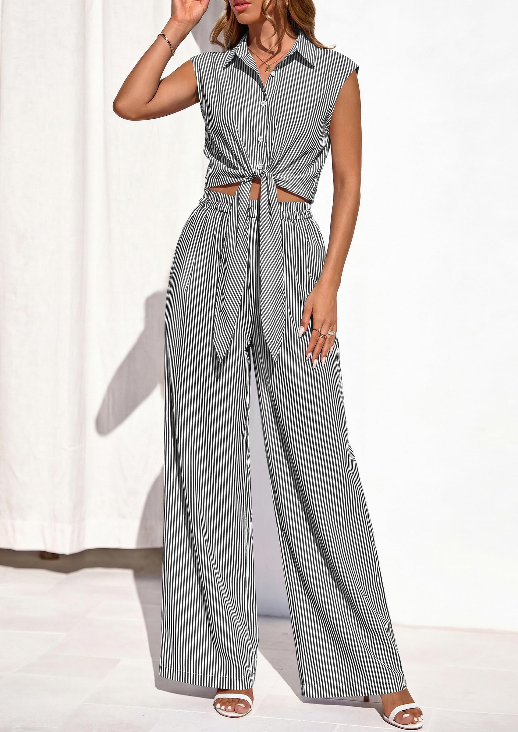 PRETTYGARDEN 2 Piece Sets For Women Summer Striped Button Down Tie Front Crop Tops Wide Leg Pants Floral Lounge Set 2026 PRETTYGARDEN