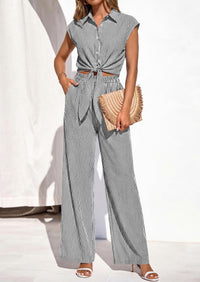 PRETTYGARDEN 2 Piece Sets For Women Summer Striped Button Down Tie Front Crop Tops Wide Leg Pants Floral Lounge Set 2026 PRETTYGARDEN