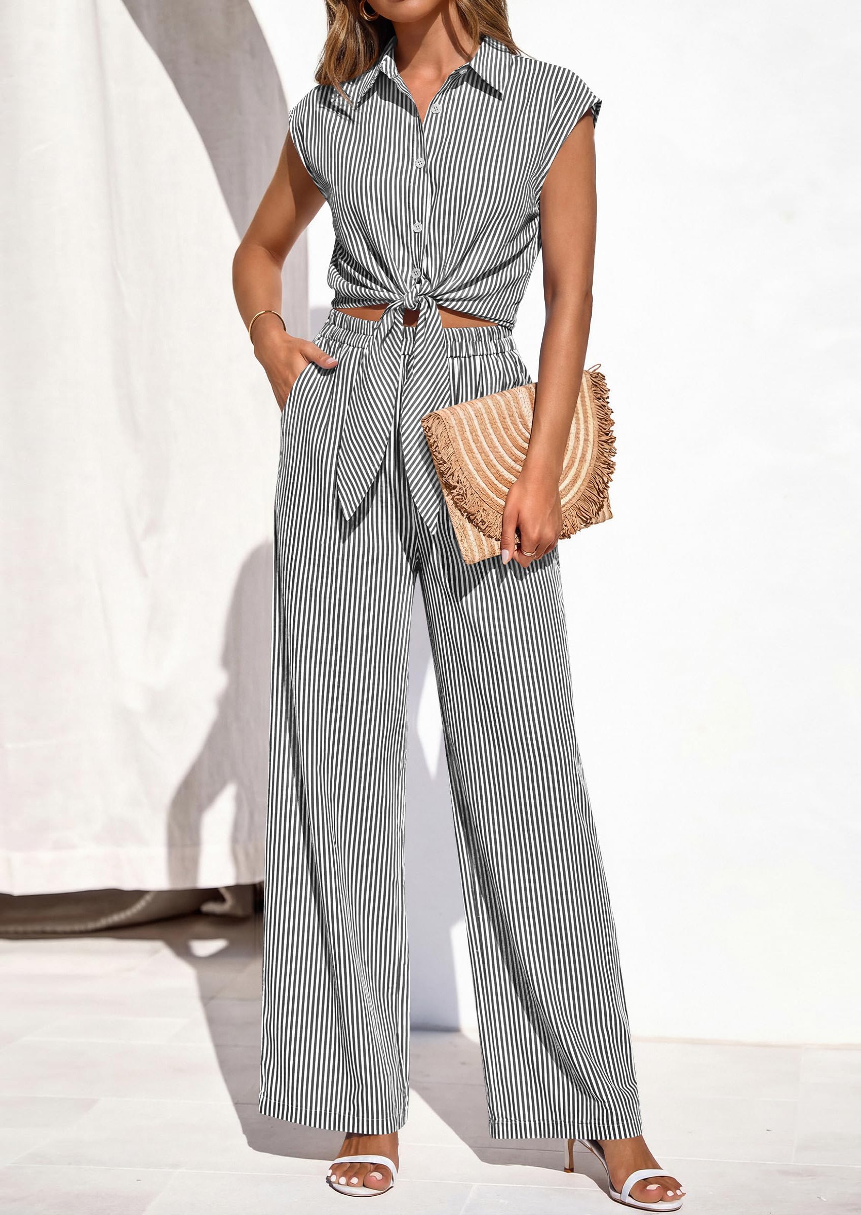 PRETTYGARDEN 2 Piece Sets For Women Summer Striped Button Down Tie Front Crop Tops Wide Leg Pants Floral Lounge Set 2026 PRETTYGARDEN