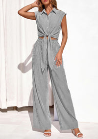 PRETTYGARDEN 2 Piece Sets For Women Summer Striped Button Down Tie Front Crop Tops Wide Leg Pants Floral Lounge Set 2026 PRETTYGARDEN