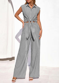 PRETTYGARDEN 2 Piece Sets For Women Summer Striped Button Down Tie Front Crop Tops Wide Leg Pants Floral Lounge Set 2026 PRETTYGARDEN