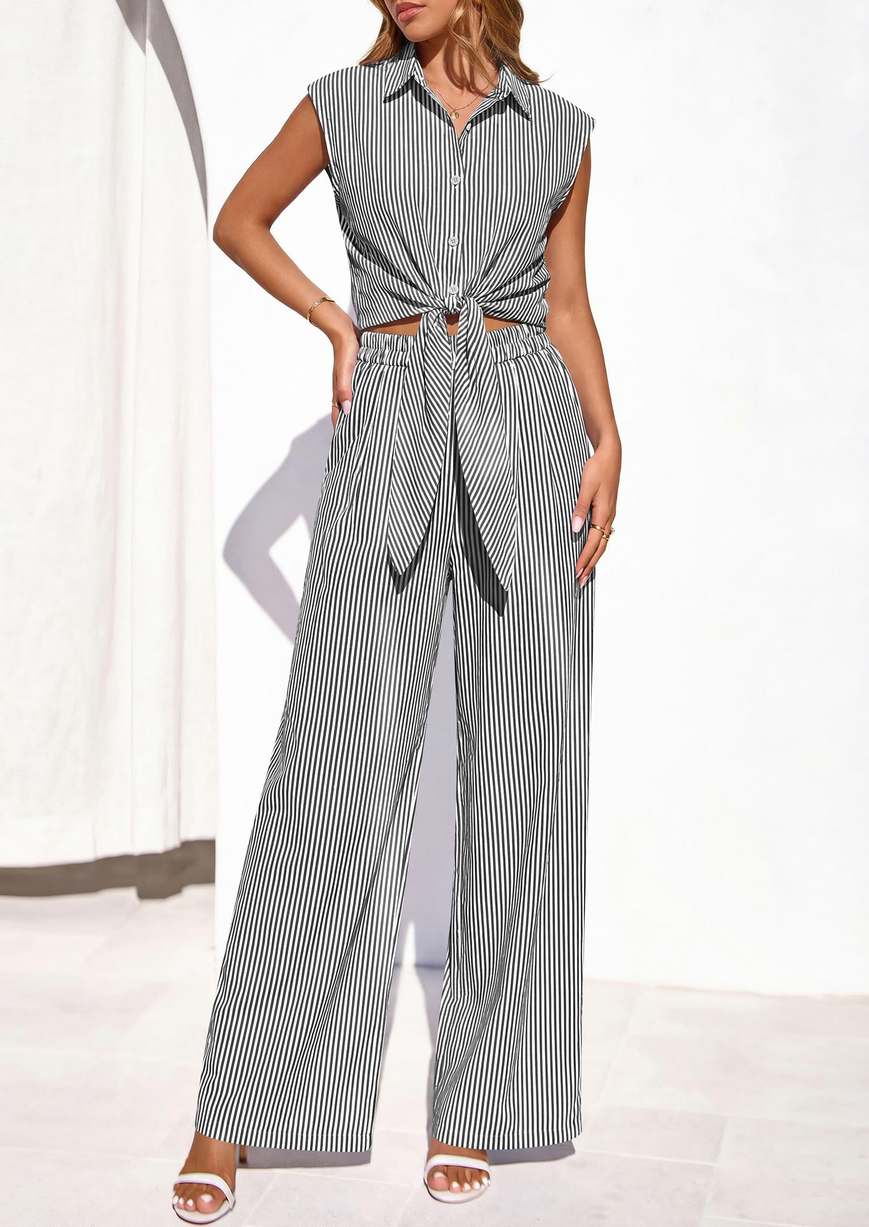 PRETTYGARDEN 2 Piece Sets For Women Summer Striped Button Down Tie Front Crop Tops Wide Leg Pants Floral Lounge Set 2026 PRETTYGARDEN