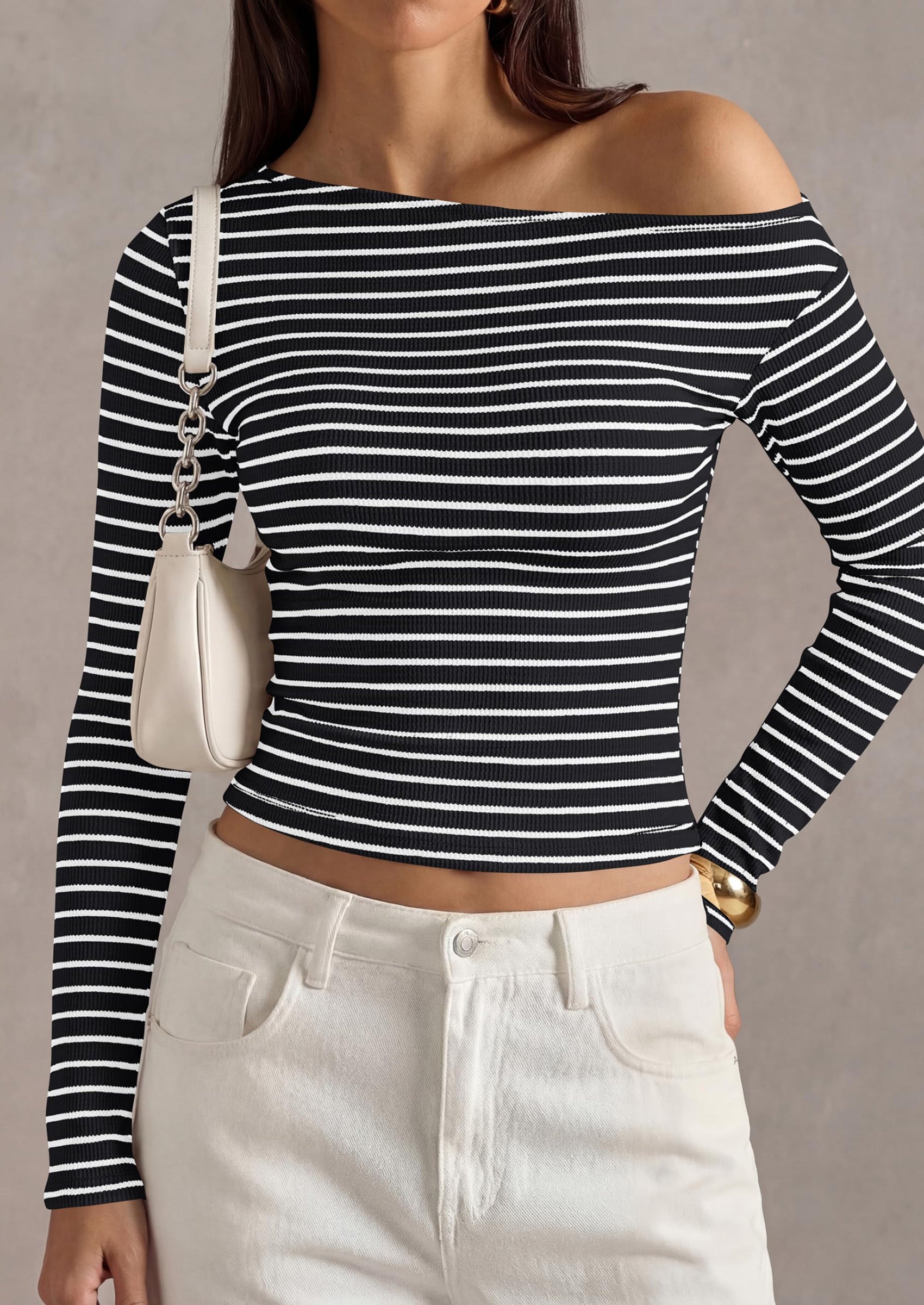 PRETTYGARDEN Womens Tops Fall Off The Shoulder Long Sleeve Shirts Striped Fitted Y2K T-Shirt Going Out Crop Top