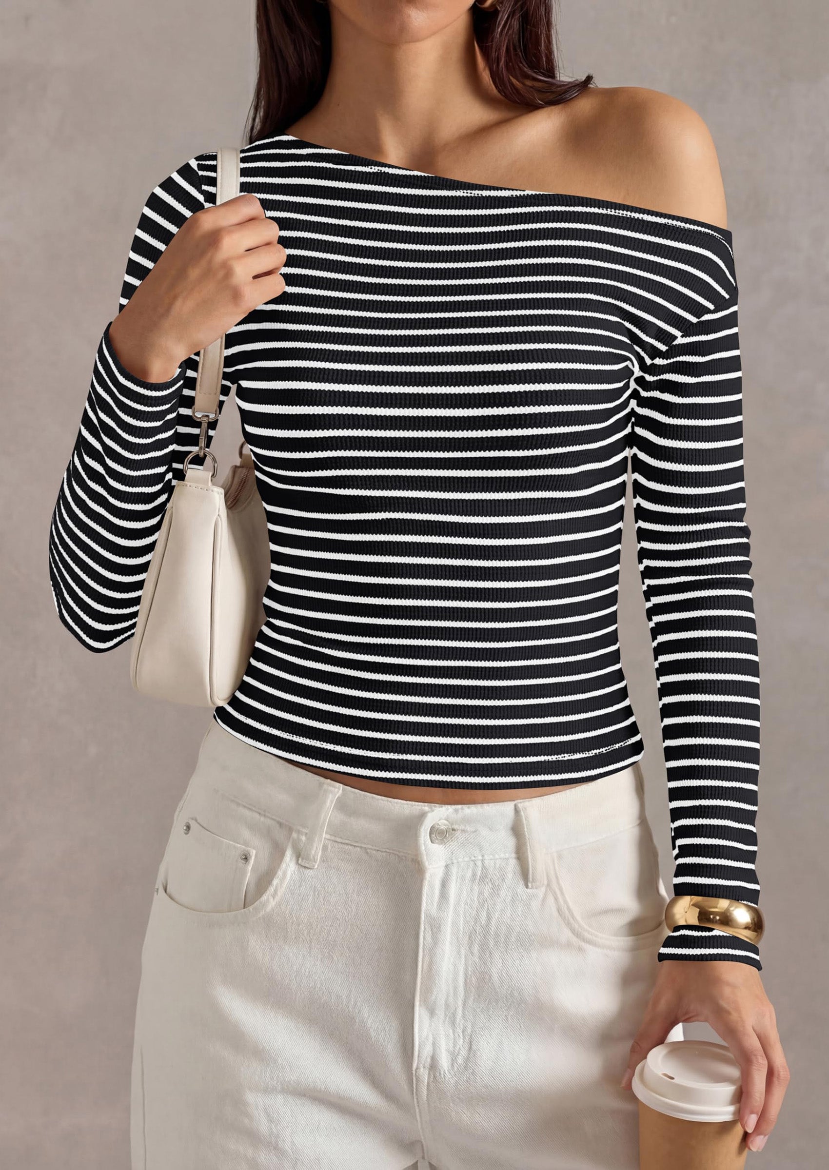 PRETTYGARDEN Womens Tops Fall Off The Shoulder Long Sleeve Shirts Striped Fitted Y2K T-Shirt Going Out Crop Top