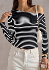 PRETTYGARDEN Womens Tops Fall Off The Shoulder Long Sleeve Shirts Striped Fitted Y2K T-Shirt Going Out Crop Top