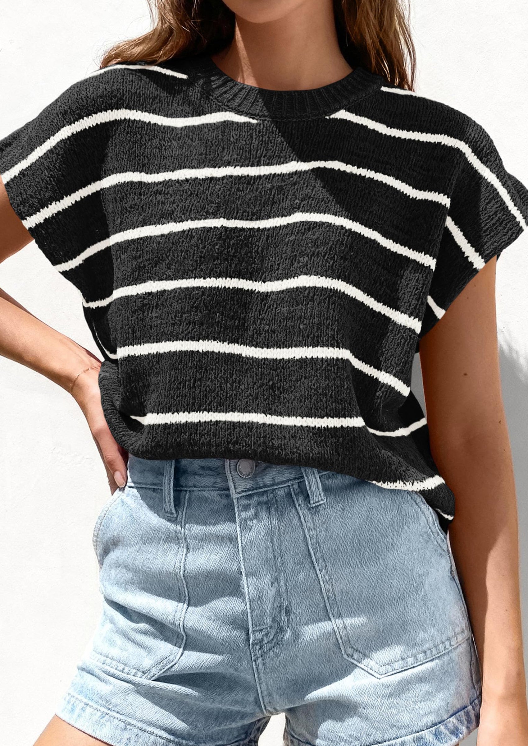 PRETTYGARDEN Womens Summer Short Sleeve Tops Trendy Crew Neck Striped Knit Sweater Business Casual Spring Clothes PRETTYGARDEN