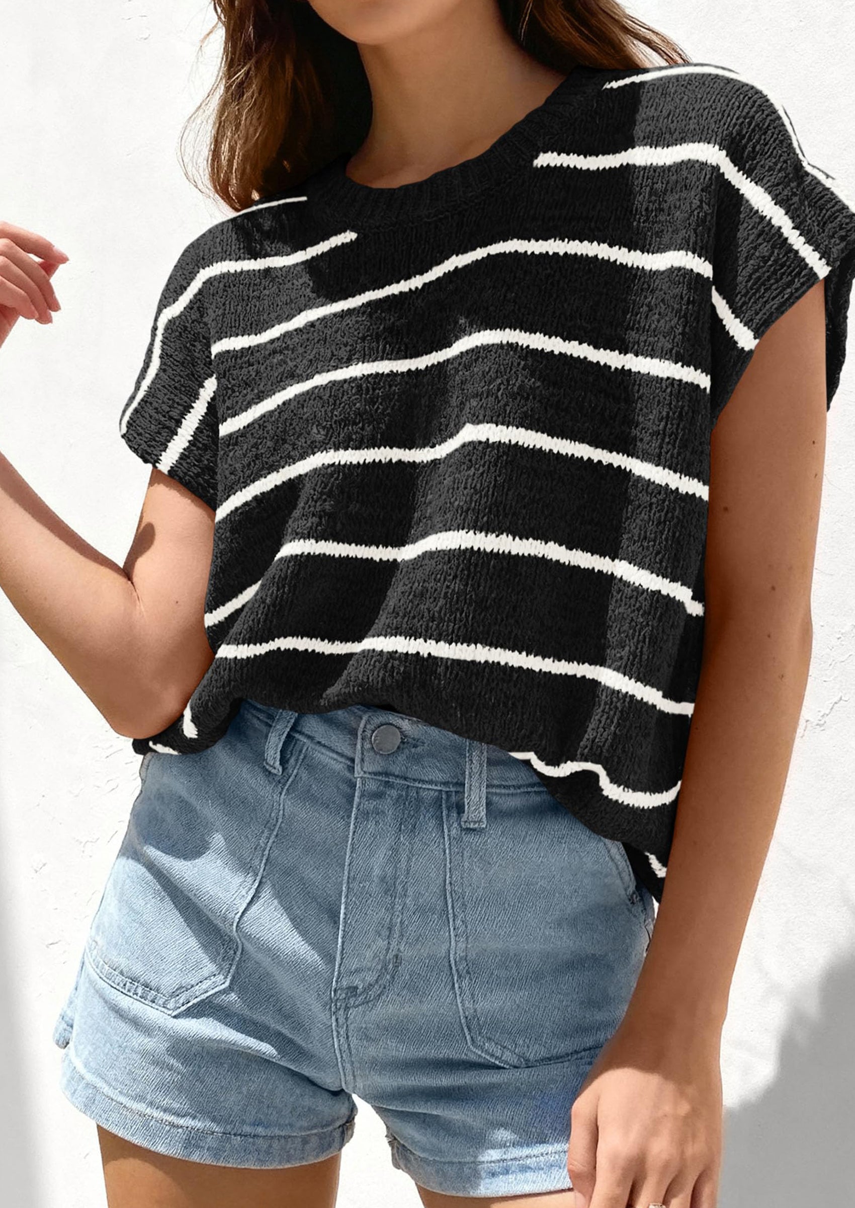 PRETTYGARDEN Womens Summer Short Sleeve Tops Trendy Crew Neck Striped Knit Sweater Business Casual Spring Clothes PRETTYGARDEN