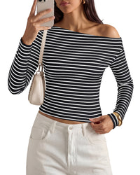 PRETTYGARDEN Womens Tops 2026 Fall Off The Shoulder Long Sleeve Shirts Striped Fitted Y2K T-Shirt Going Out Crop Top