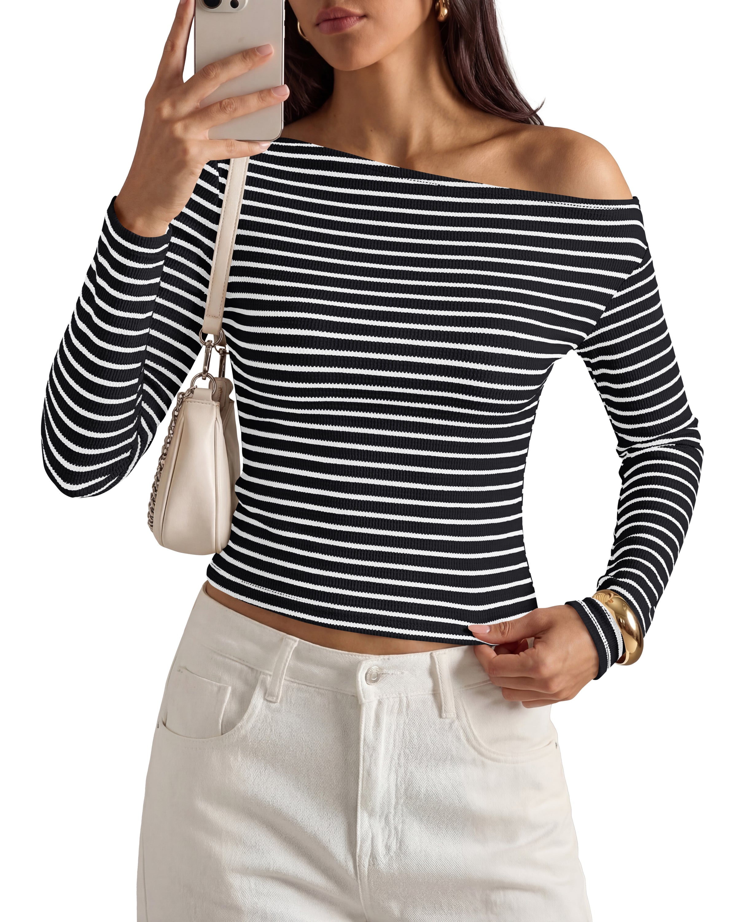 PRETTYGARDEN Womens Tops 2026 Fall Off The Shoulder Long Sleeve Shirts Striped Fitted Y2K T-Shirt Going Out Crop Top