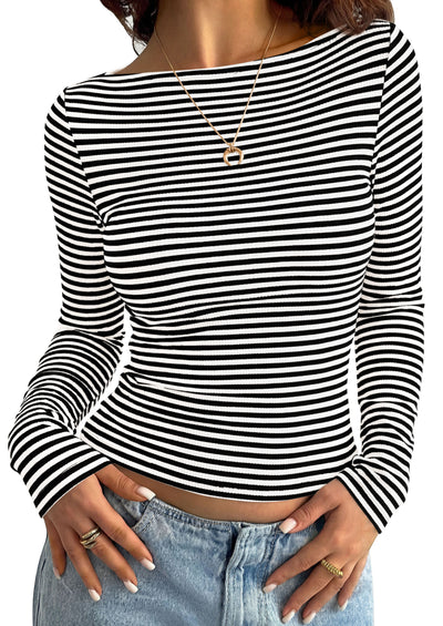 PRETTYGARDEN Long Sleeve Striped Shirts for Women				  Soft Ribbed Knit ,Y2k Tshirt,Slim Fit Layering,Cute Tops,Basic Tee,Business Casual Outfits,2026 Spring Fall Trendy Clothes