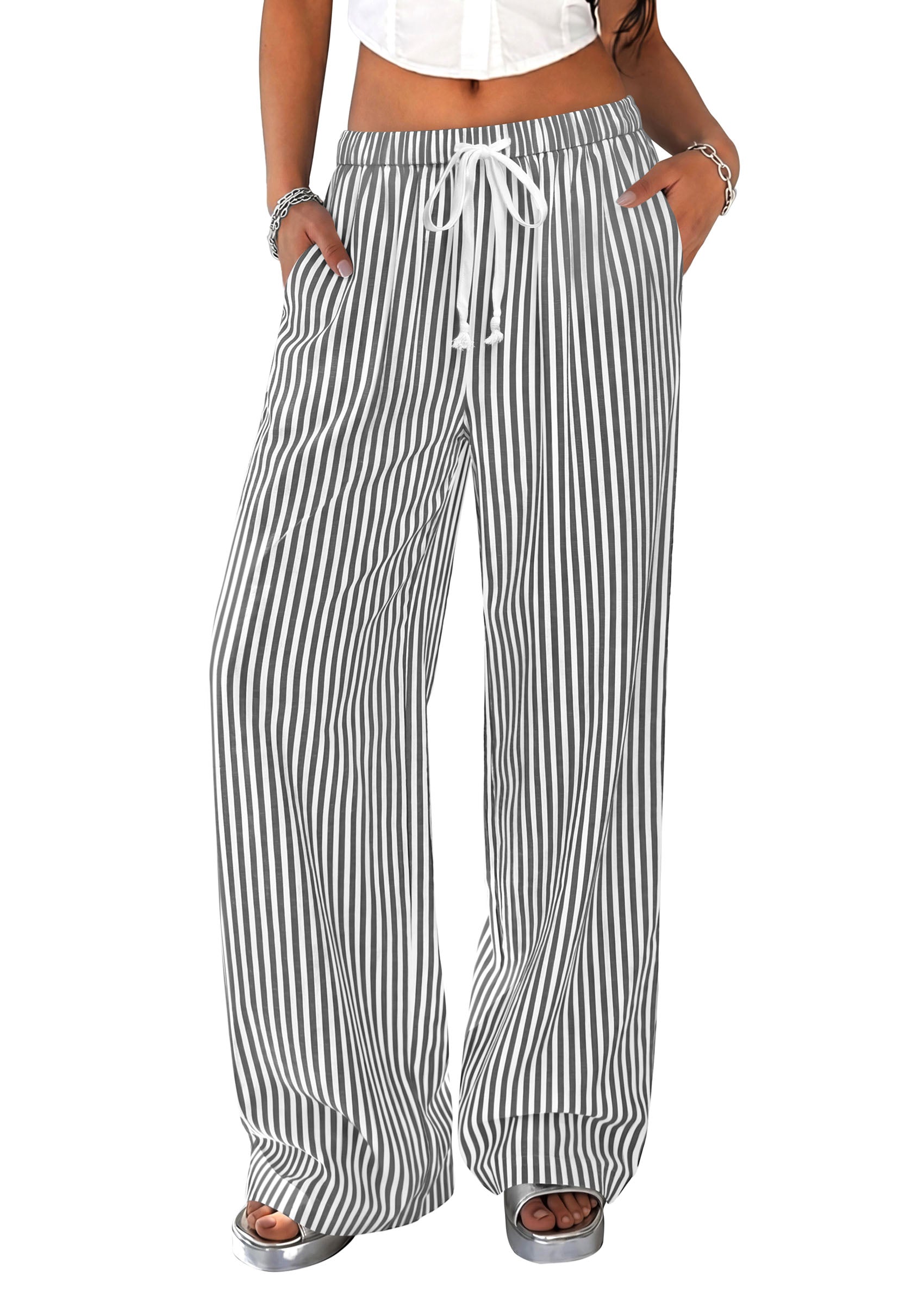 PRETTYGARDEN Striped Wide Leg Pants Women Loungewear with Pocket | Baggy Palazzo with Drawstring, Regular Elastic Waist Bottom, Casual Outfits 2026 for School, Beach Vacation & Travel