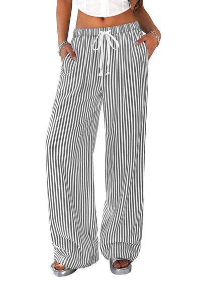 PRETTYGARDEN Striped Wide Leg Pants Women Loungewear with Pocket | Baggy Palazzo with Drawstring, Regular Elastic Waist Bottom, Casual Outfits 2026 for School, Beach Vacation & Travel