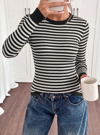 PRETTYGARDEN Womens Long Sleeve Striped Fitted Sweater Tops  | Crewneck Color Block Fall Sweaters, Stretchy Ribbed Knit Tops, Slim Fit Shirts for Going Out, Business Casual, Trendy Clothes