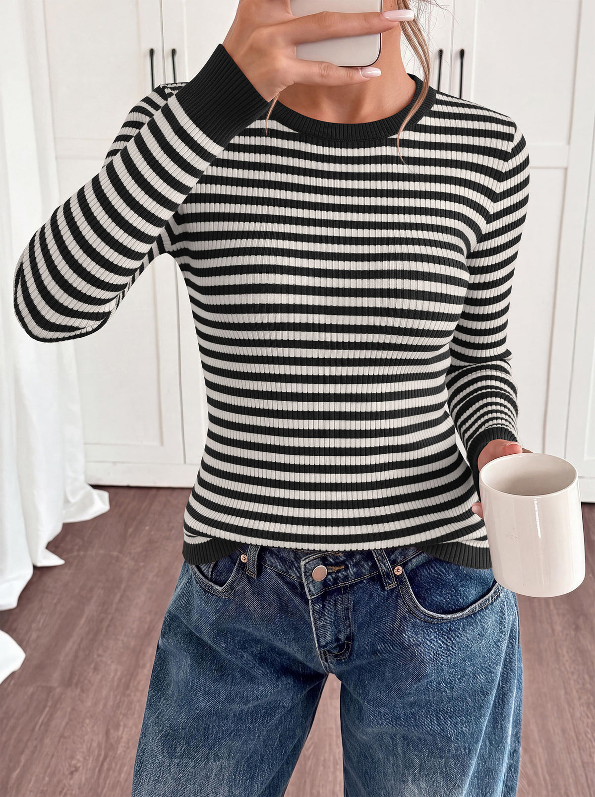 PRETTYGARDEN Womens Long Sleeve Striped Fitted Sweater Tops  | Crewneck Color Block Fall Sweaters, Stretchy Ribbed Knit Tops, Slim Fit Shirts for Going Out, Business Casual, Trendy Clothes
