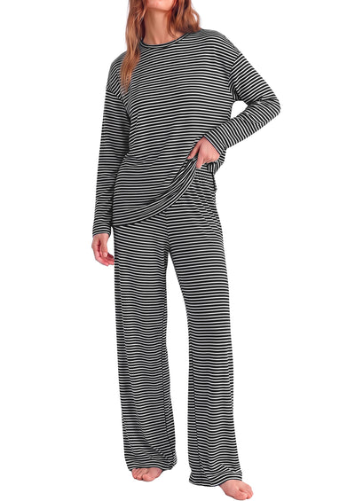 PRETTYGARDEN Womens Striped Lounge Set Fall Winter 2 Piece Sets | Side Slit Long Sleeve T-Shirts & Wide Leg Pants, Matching Pajama Sets, Comfy Pj Set, Loungewear with Pockets, Fashion Clothes