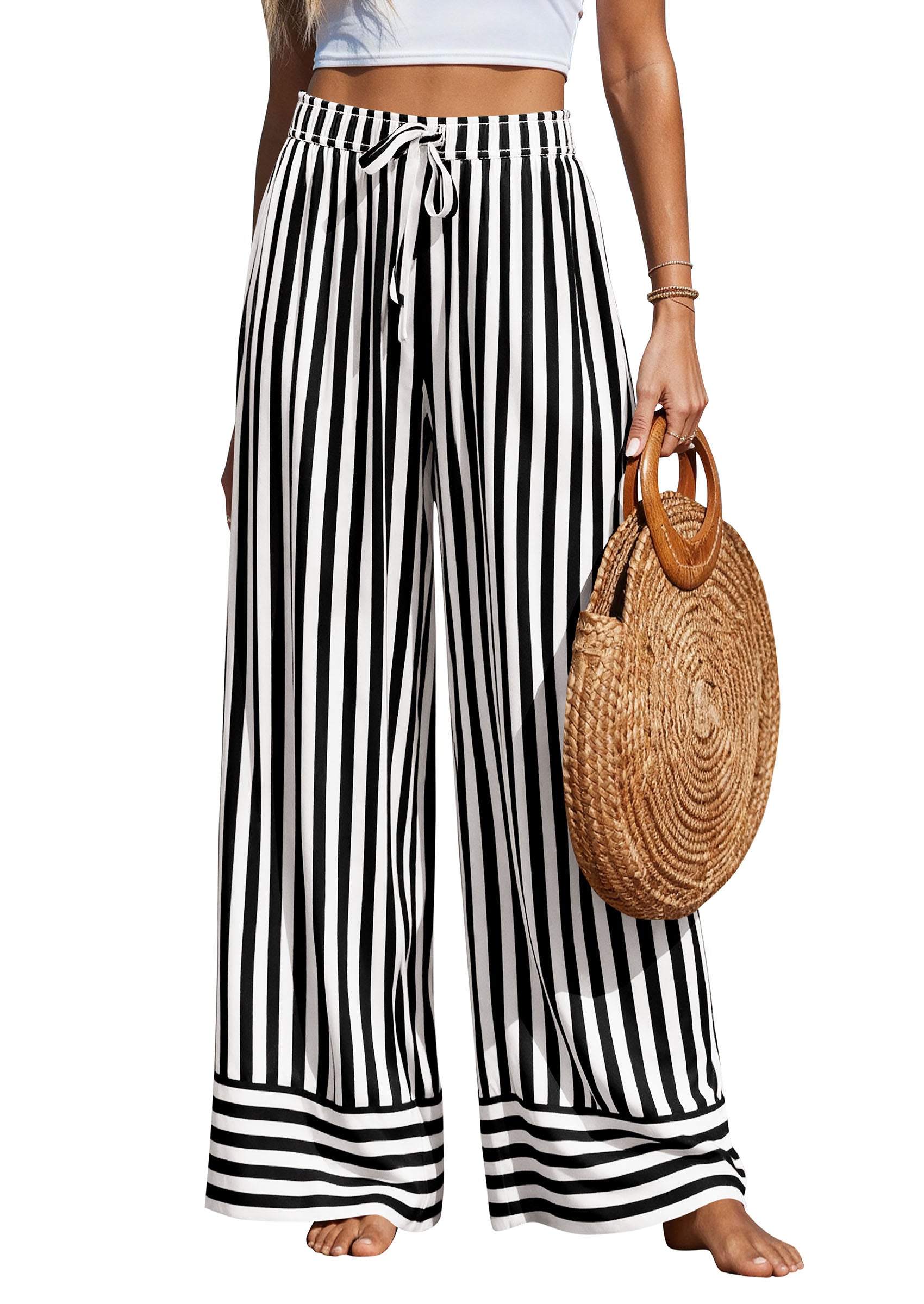 PRETTYGARDEN Womens Palazzo Pants 2026 Summer Striped Wide Leg Trousers Elastic Waist Flowy Lounge Pant Pockets