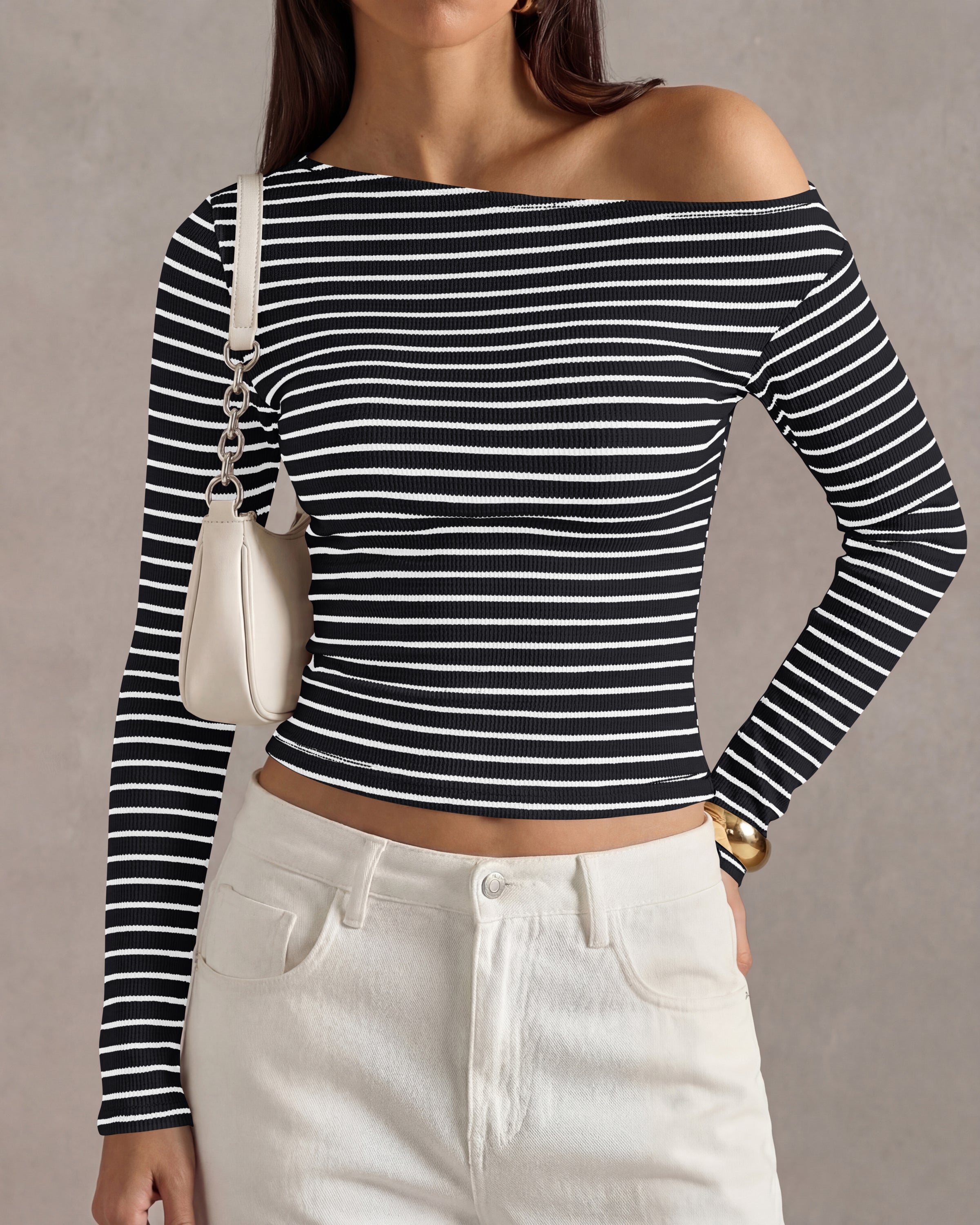 PRETTYGARDEN Womens Tops 2026 Fall Off The Shoulder Long Sleeve Shirts Striped Fitted Y2K T-Shirt Going Out Crop Top