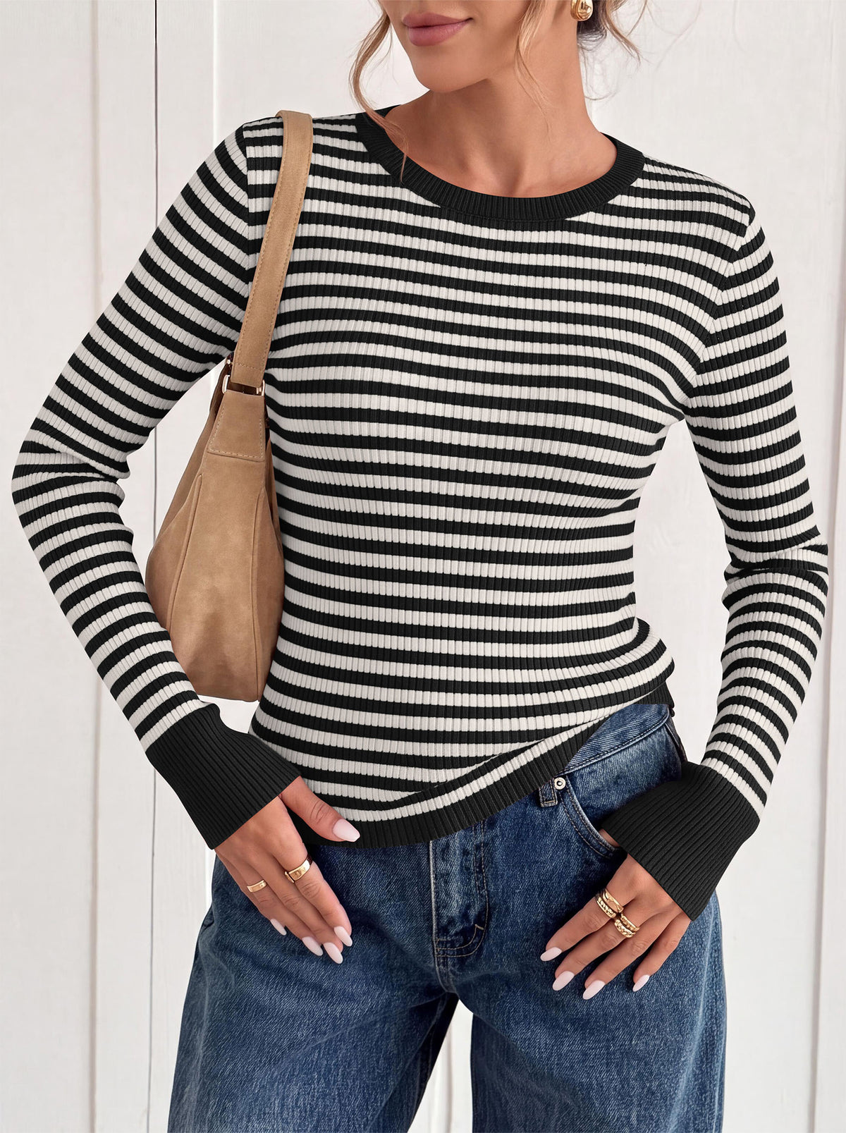 PRETTYGARDEN Womens Long Sleeve Striped Fitted Sweater Tops  | Crewneck Color Block Fall Sweaters, Stretchy Ribbed Knit Tops, Slim Fit Shirts for Going Out, Business Casual, Trendy Clothes