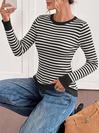 PRETTYGARDEN Womens Long Sleeve Striped Fitted Sweater Tops  | Crewneck Color Block Fall Sweaters, Stretchy Ribbed Knit Tops, Slim Fit Shirts for Going Out, Business Casual, Trendy Clothes