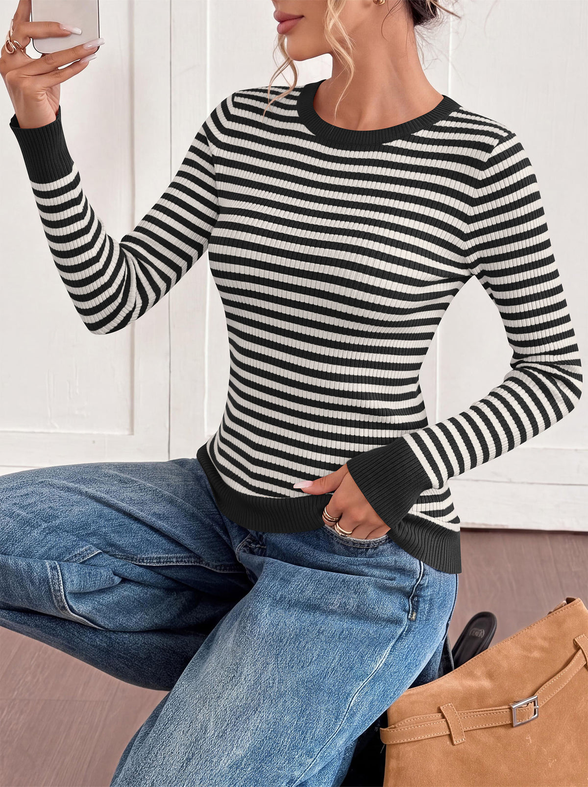 PRETTYGARDEN Womens Long Sleeve Striped Fitted Sweater Tops  | Crewneck Color Block Fall Sweaters, Stretchy Ribbed Knit Tops, Slim Fit Shirts for Going Out, Business Casual, Trendy Clothes