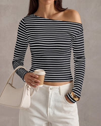 PRETTYGARDEN Womens Tops 2026 Fall Off The Shoulder Long Sleeve Shirts Striped Fitted Y2K T-Shirt Going Out Crop Top