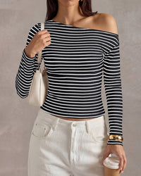 PRETTYGARDEN Womens Tops 2026 Fall Off The Shoulder Long Sleeve Shirts Striped Fitted Y2K T-Shirt Going Out Crop Top