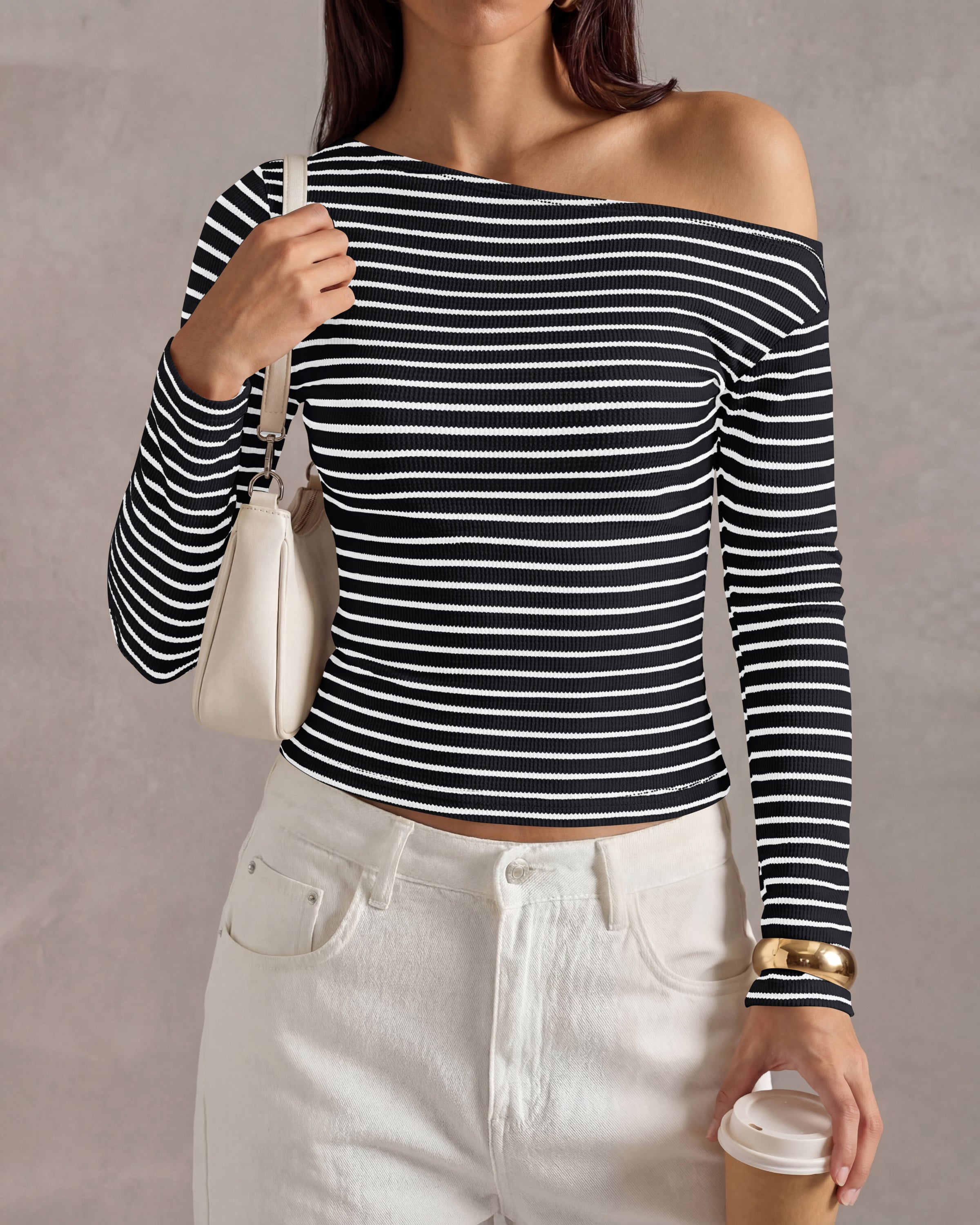 PRETTYGARDEN Womens Tops 2026 Fall Off The Shoulder Long Sleeve Shirts Striped Fitted Y2K T-Shirt Going Out Crop Top