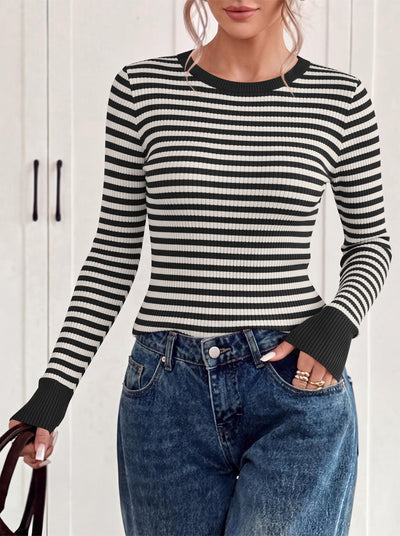 PRETTYGARDEN Womens Long Sleeve Striped Fitted Sweater Tops  | Crewneck Color Block Fall Sweaters, Stretchy Ribbed Knit Tops, Slim Fit Shirts for Going Out, Business Casual, Trendy Clothes
