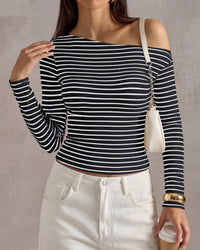 PRETTYGARDEN Womens Tops 2026 Fall Off The Shoulder Long Sleeve Shirts Striped Fitted Y2K T-Shirt Going Out Crop Top