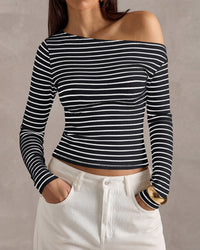PRETTYGARDEN Womens Tops 2026 Fall Off The Shoulder Long Sleeve Shirts Striped Fitted Y2K T-Shirt Going Out Crop Top