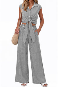 PRETTYGARDEN 2 Piece Sets For Women Summer Striped Button Down Tie Front Crop Tops Wide Leg Pants Floral Lounge Set 2026 PRETTYGARDEN