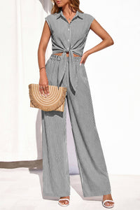 PRETTYGARDEN 2 Piece Sets For Women Summer Striped Button Down Tie Front Crop Tops Wide Leg Pants Floral Lounge Set 2026 PRETTYGARDEN