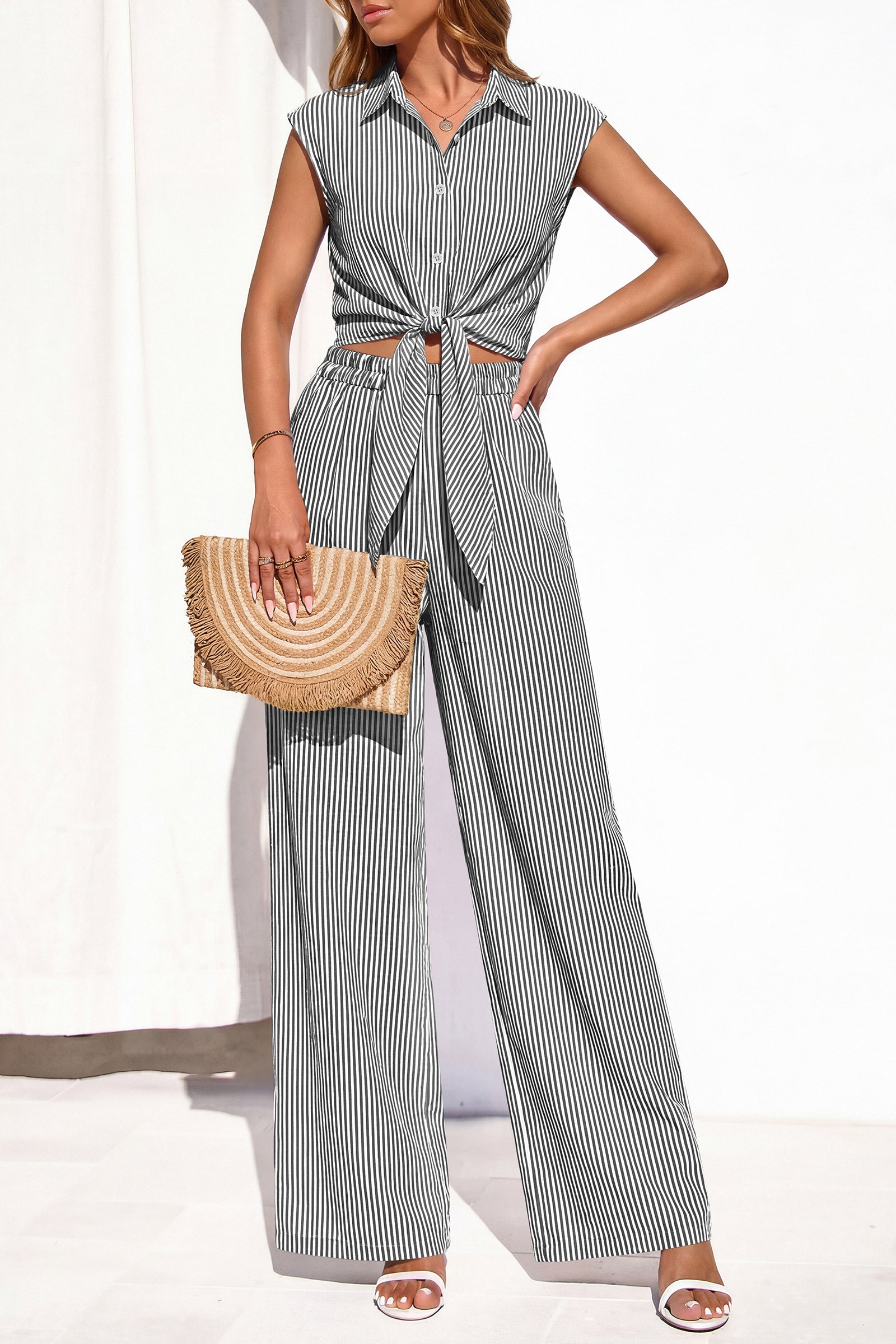 PRETTYGARDEN 2 Piece Sets For Women Summer Striped Button Down Tie Front Crop Tops Wide Leg Pants Floral Lounge Set 2026 PRETTYGARDEN