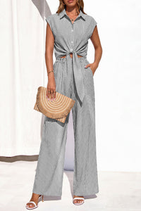 PRETTYGARDEN 2 Piece Sets For Women Summer Striped Button Down Tie Front Crop Tops Wide Leg Pants Floral Lounge Set 2026 PRETTYGARDEN