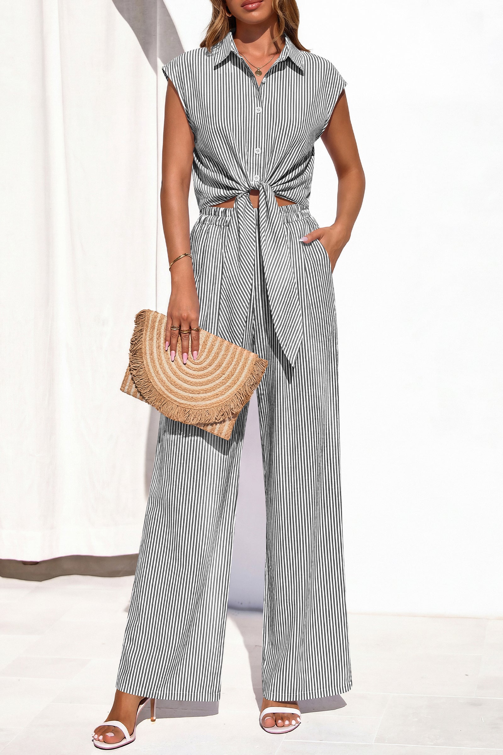 PRETTYGARDEN 2 Piece Sets For Women Summer Striped Button Down Tie Front Crop Tops Wide Leg Pants Floral Lounge Set 2026 PRETTYGARDEN