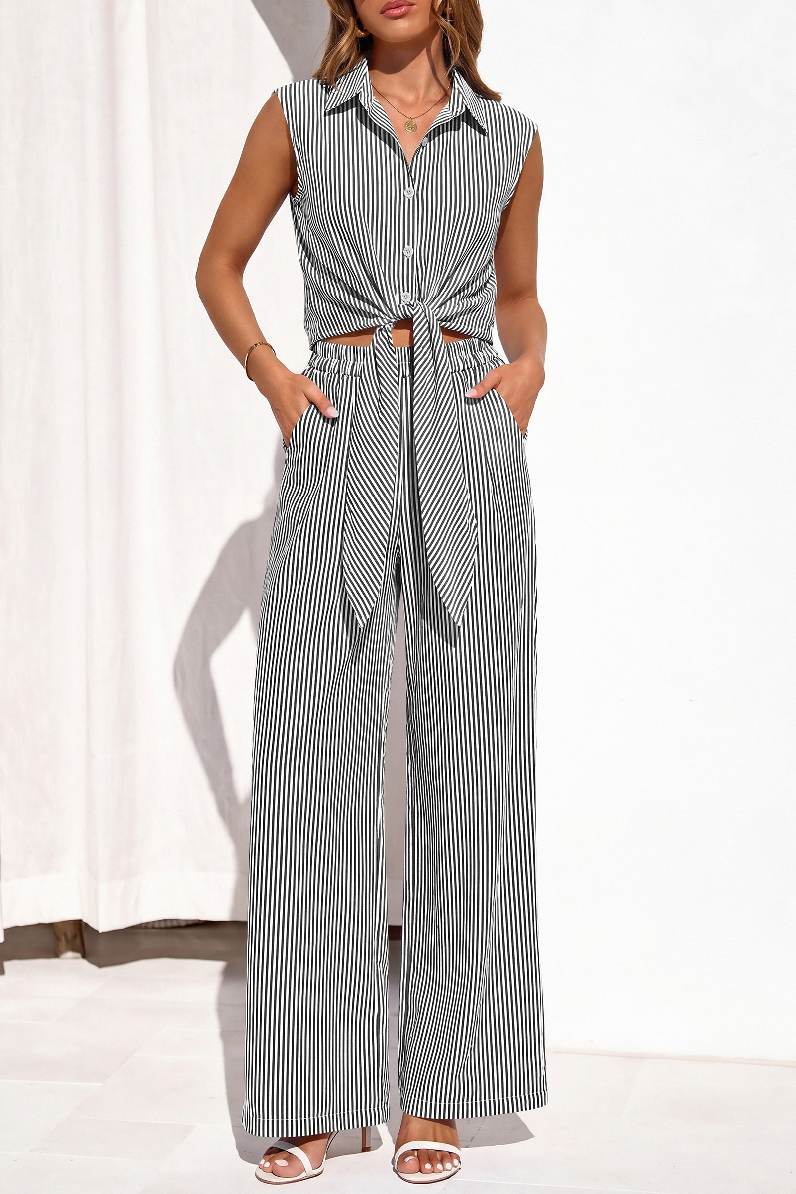 PRETTYGARDEN 2 Piece Sets For Women Summer Striped Button Down Tie Front Crop Tops Wide Leg Pants Floral Lounge Set 2026 PRETTYGARDEN