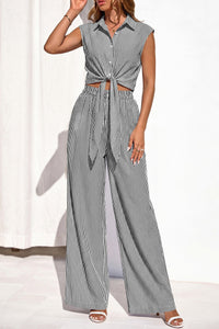 PRETTYGARDEN 2 Piece Sets For Women Summer Striped Button Down Tie Front Crop Tops Wide Leg Pants Floral Lounge Set 2026 PRETTYGARDEN