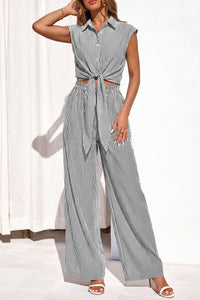 PRETTYGARDEN 2 Piece Sets For Women Summer Striped Button Down Tie Front Crop Tops Wide Leg Pants Floral Lounge Set 2026 PRETTYGARDEN